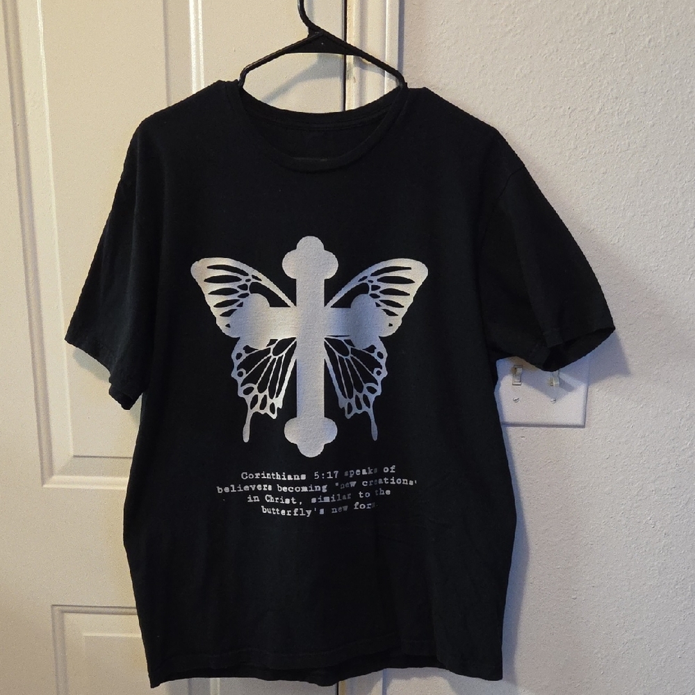CustomT-Shirt with Silver Butterfly Winged Cross Design With Bible Refrence